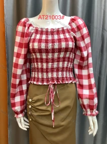 Wholesale Women's Shirred Square Neck Ruffle Trim Plaid Print Puff Sleeve Crop Blouse AT21003#, LIUHUA CLOTHING WHOLESALE
