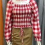 Wholesale Women's Shirred Square Neck Ruffle Trim Plaid Print Puff Sleeve Crop Blouse AT21003# preview