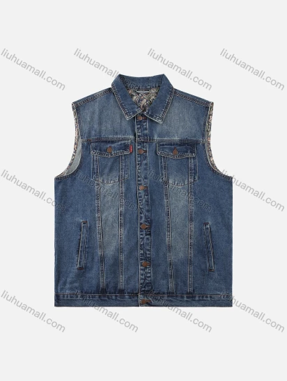Wholesale Men's Plus Size Outerwear Light Wash Pockets Casual Button Down Denim Vest Jacket
