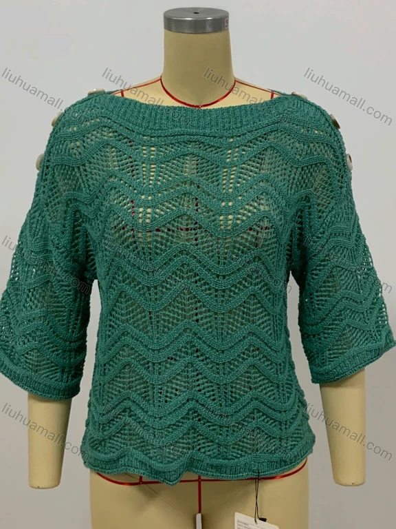 Wholesale Women's Casual Round Neck Knitted Hollow Out Buttons Wave Plain Cover Up