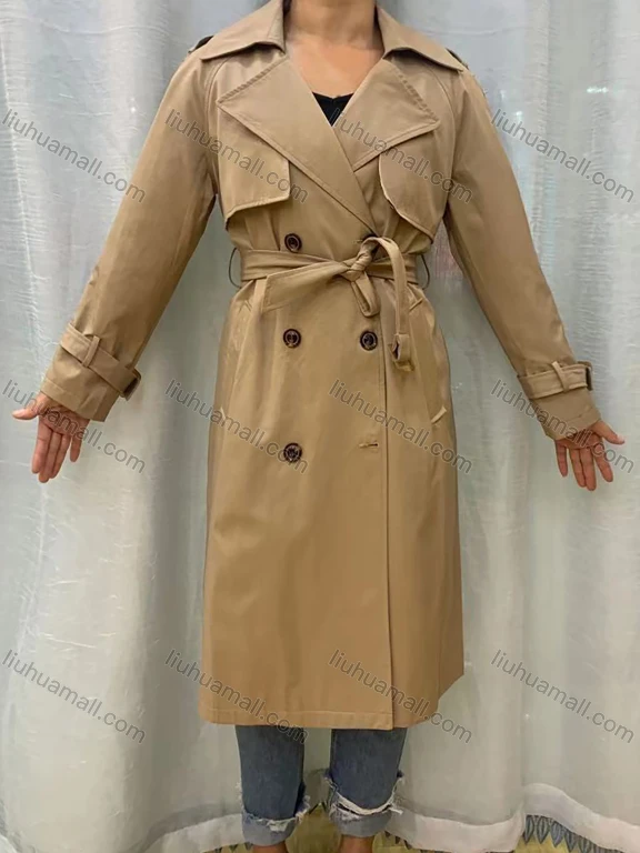 Wholesale Women's Lapel Long Sleeve Buckled Cuff Double Breasted Belted Plain Long Trench Coat