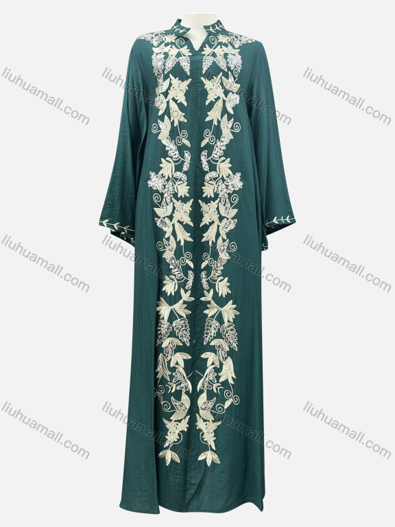 Wholesale Women's Elegant Muslim Islamic Floral Embroidery Notched Neck Long Sleeve Abaya Dress