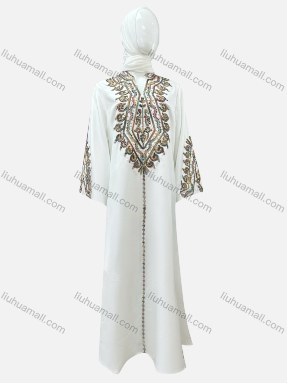 Wholesale Women's Casual Folk Art Embroidery Notched Neck Beaded Rhinestone Decor Long Sleeve Abaya Dress