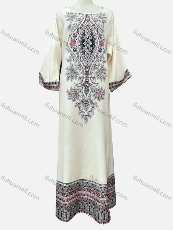 Wholesale Women's Elegant Folk Art Pearl Decor Crew Neck Long Sleeve Abaya Dress