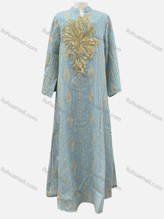 Wholesale Women's Elegant Argyle Thread Embroidery Notched Neck Sequin Long Sleeve Abaya Dress