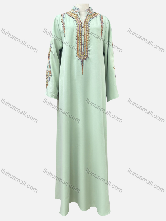 Wholesale Women's Casual Folk Art Embroidery Notched Neck Beaded Decor Long Sleeve Abaya Dress