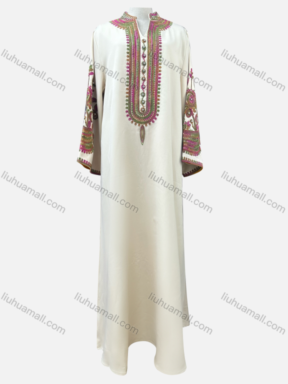 Wholesale Women's Casual Folk Art Embroidery Notched Neck Rhinestone Decor Long Sleeve Abaya Dress