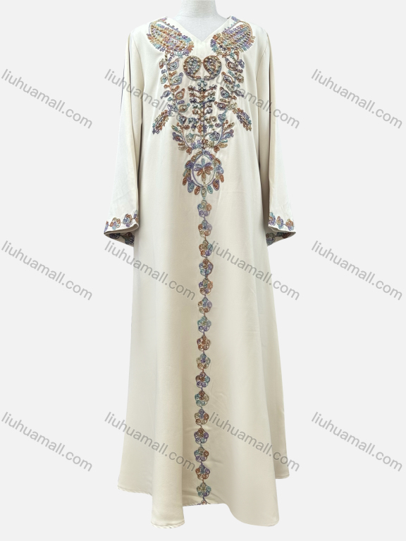 Wholesale Women's Elegant Paisley Embroidery V Neck Beaded Rhinestone Decor Long Sleeve Abaya Dress