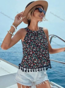 Wholesale Women's Casual Floral Allover Print Round Neck Tassel Tank Top, LIUHUA CLOTHING WHOLESALE