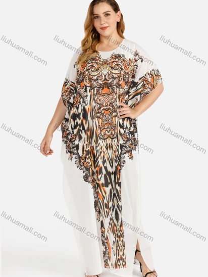Wholesale Women's Plus Size Round Neck Baroque Print Rhinestone Decor Maxi Kaftan Dress