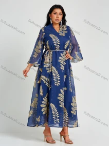 Wholesale Woman's Traditional Notched Neck Long Bell Sleeve Layered Embroidery Floral Print Maxi Dress With Belt, LIUHUA CLOTHING WHOLESALE