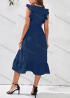 Wholesale Women's Casual Plain V Neck Ruffle Trim Midi Dress With Belt - Liuhuamall