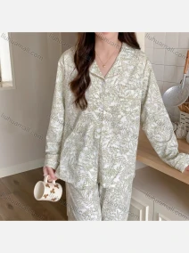 Wholesale Women's Comfy Allover Leaf Print Lapel Pocket Button Down Long Sleeve Lounge Pajamas 2 Piece Set 908#, LIUHUA CLOTHING WHOLESALE