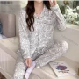 Wholesale Women's Comfy Allover Leaf Print Lapel Pocket Button Down Long Sleeve Lounge Pajamas 2 Piece Set 908# preview