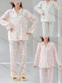 Wholesale Women's Soft Allover Print Lapel Double Pockets Button Down Long Sleeve Lounge Pajamas 2 Piece Set 908#, LIUHUA CLOTHING WHOLESALE