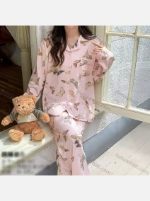 Wholesale Women's Soft Butterfly Print Lapel Patch Pocket Button Down Long Sleeve Lounge Pajamas 2 Piece Set 908#, LIUHUA CLOTHING WHOLESALE