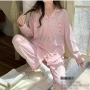 Wholesale Women's Soft Letter Cherry Print Lapel Patch Pocket Button Down Long Sleeve Lounge Pajamas 2 Piece Set 908# preview