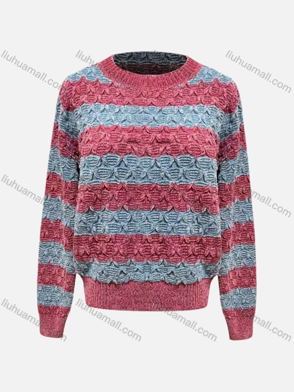 Wholesale Women's Casual Crew Neck Striped Colorblock Ribbed Long Sleeve Cable Knit Sweater Top 0804#