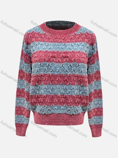 Wholesale Women's Casual Crew Neck Striped Colorblock Ribbed Long Sleeve Cable Knit Sweater Top 0804#