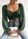 Wholesale Woman's Fashion Square Neck Peasant Sleeve Drawstring Plain Crop Top - Liuhuamall