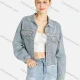 Wholesale Women's Fashion Plain Button Down Rivets Decor Flap Pockets Frayed Raw Hem Denim Jacket Light Blue Clothing Wholesale Market Liuhua
