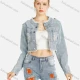 Wholesale Women's Fashion Patch Pocket Ripped Frayed Raw Hem Distressed Crop Denim Jacket Light Blue Clothing Wholesale Market Liuhua