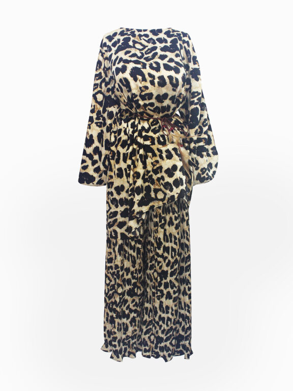 Women's Casual Loose Fit Lantern Sleeve Leopard Print Shirt & Pleated Maxi Skirt Two Piece Set, Clothing Wholesale Market -LIUHUA, WOMEN, Clothing-Sets