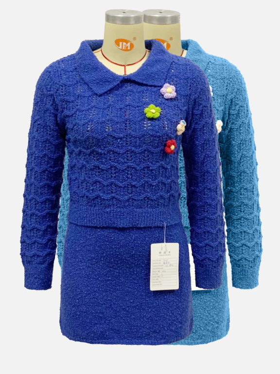 Women's Causal Plain Lapel Long Sleeve Flower Decor Top & Short Skirt Sets, Clothing Wholesale Market -LIUHUA, WOMEN, Sets