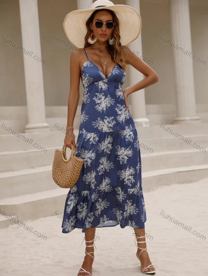 Wholesale Women's Boho Sexy Spaghetti Strap Floral Print Cami Midi Dress JJD6197