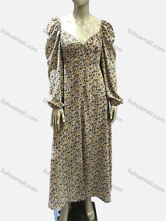 Wholesale Women's Casual Chiffon Sweetheart Neck Puff Sleeve Ditsy Floral Maxi Dress