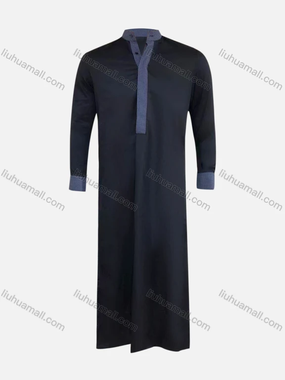 Wholesale Men's Stand Collar Plain Splicing Plaid Button Front Middle East Ramadan Formal Muslim Arabic Robe