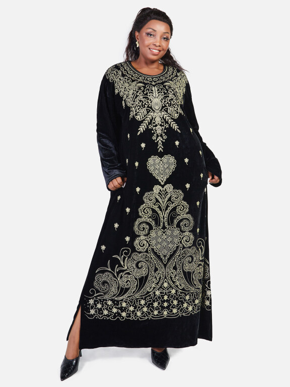 Women's Muslim Oversized Floral Modest Velvet Abaya Muslim Embroidery Long Sleeve Maxi Dress, Clothing Wholesale Market -LIUHUA, SPECIALTY, Ethnic-Clothing