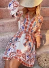 Wholesale Women's Vintage Long Sleeve V Neck Tie Front Retro Print Short Dress With Belt - Liuhuamall
