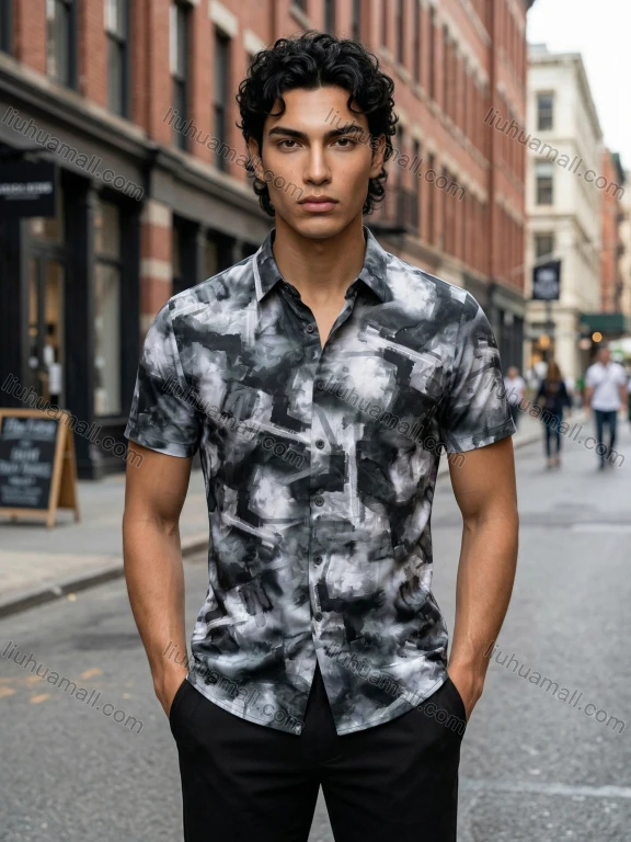 Wholesale In Stock Men's Slim Fit Short Sleeve Abstract Geometric Print Casual Fashion Button - Down Shirt
