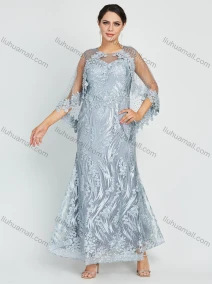 Wholesale Women's Glamorous Batwing Sleeve Mesh Embroidery Pearl Lace Appliques Maxi Mermaid Evening Dress, LIUHUA CLOTHING WHOLESALE