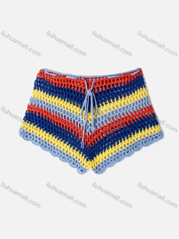 Wholesale Women's Vacation Hollow Out Semi-Sheer Drawstring Striped Colorblock Shorts J2443A#