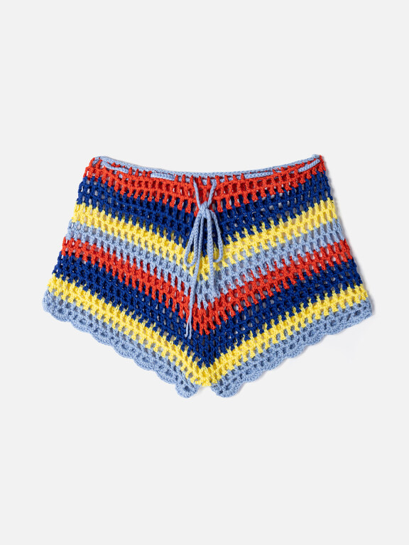 Women's Vacation Hollow Out Semi-Sheer Drawstring Striped Colorblock Shorts J2443A#, Clothing Wholesale Market -LIUHUA, WOMEN, Pants-Trousers