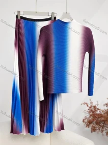Wholesale Women's Casual Ombre Print Long Sleeve Maxi Pleated Skirt Suit, LIUHUA CLOTHING WHOLESALE