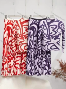 Wholesale Women's Casual Graffiti Print Long Sleeve Maxi Pleated Skirt 2 Piece Set, LIUHUA CLOTHING WHOLESALE