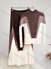 Wholesale Women's Casual Geometric Colorblock Print Long Sleeve Maxi Pleated Skirt 2 Piece Set, LIUHUA CLOTHING WHOLESALE