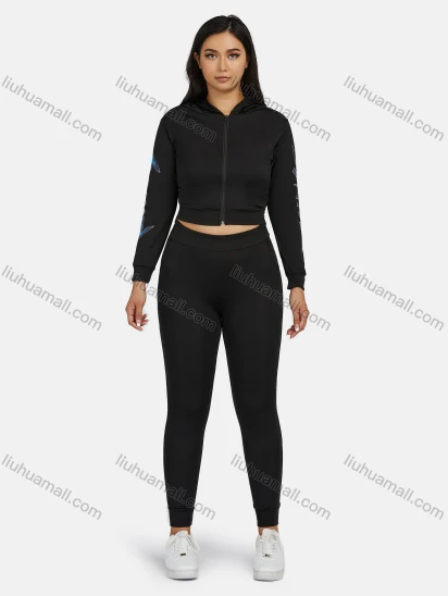 Wholesale Women's Sport Hooded Rhinestone Zipper Long Sleeve Top & Jogger Sets