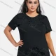Wholesale Women's Elegant Round Neck Floral Sequin Embroidery Short Sleeve T-Shirt Black Clothing Wholesale Market Liuhua