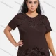 Wholesale Women's Elegant Round Neck Floral Sequin Embroidery Short Sleeve T-Shirt Brown Clothing Wholesale Market Liuhua