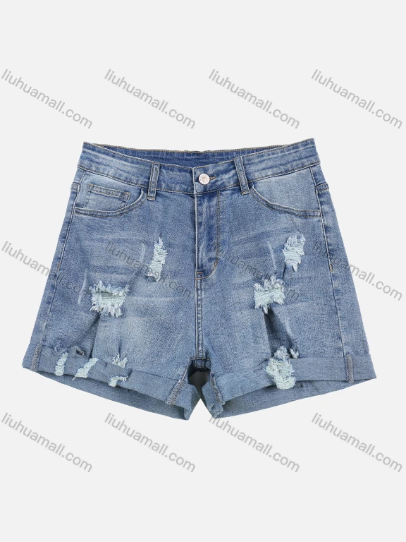 Wholesale Women's Slim Fit Distressed Rolled Hem Ripped Denim Duel Pocket Short