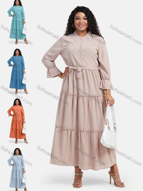 Wholesale Women's Casual Plain Button Front Long Sleeve Flared Hem Maxi Shirt Dress With Belt