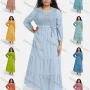 Wholesale Women's Casual Plain Round Neck Shirred Flared Hem Maxi Dress With Belt preview