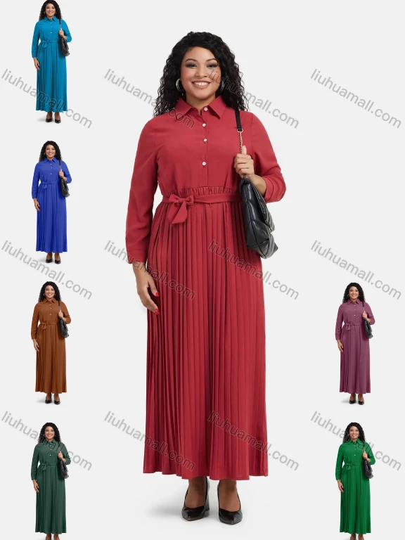 Wholesale Women's Plain Casual Button Front Long Sleeve Pleated Maxi Shirt Dress With Belt