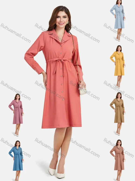 Wholesale Women's Casual Plain Lapel Button Down Long Sleeve Knee Length Shirt Dress With Belt