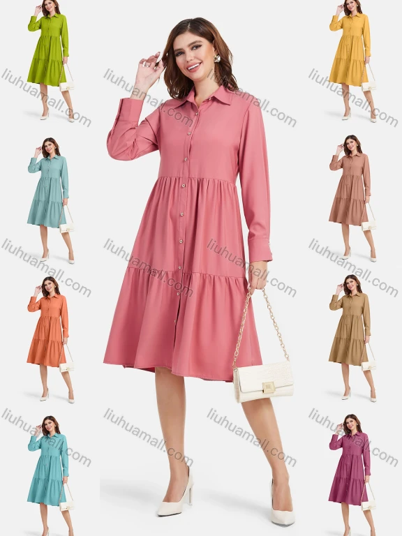 Wholesale Women's Plain Casual Button Down Long Sleeve Flared Hem Midi Shirt Dress