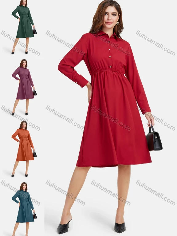 Wholesale Women's Plain Casual Button Front Long Sleeve Flared Hem Knee Length Shirt Dress